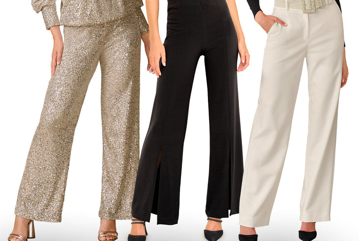 left to right: gold sequin palazzo pants, black palazzo pants, and white trousers.